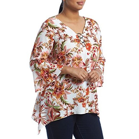 Relativity Plus Size Ivory & Pink Floral Shirt with 3/4 Bell Sleeves - 2X - Picture 3 of 3